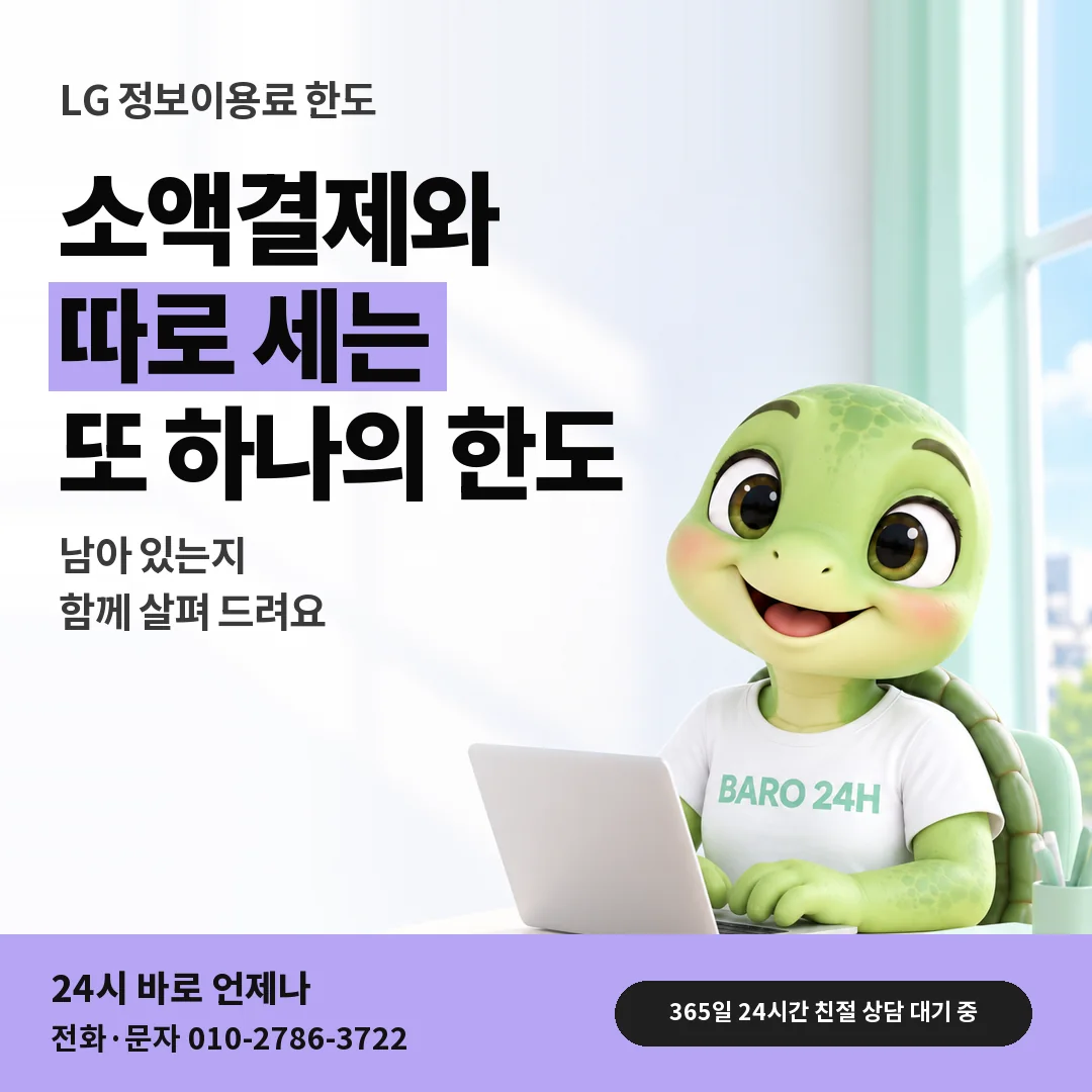 BARO 24H 티셔츠를 입은 3D 거북이 캐릭터 옆에 「LG 정보이용료 한도 남았을 때」 제목을 얹은 안내 카드