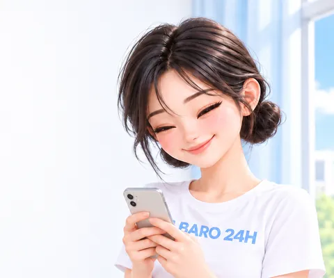 휴대폰을 보며 미소 짓는 여성 3D 인물